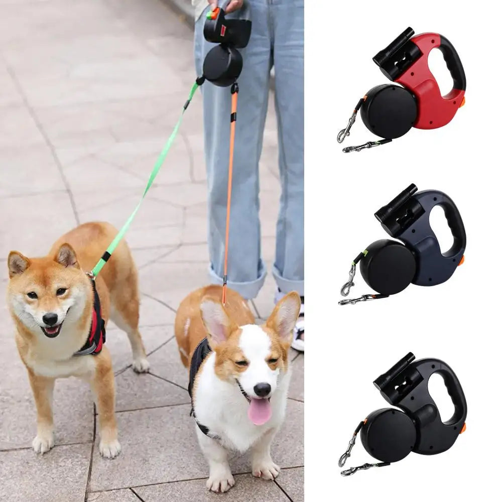 With Lights Double Dog Walking Leash Reflective Adjustable Dual Retractable Rotation Rope 360